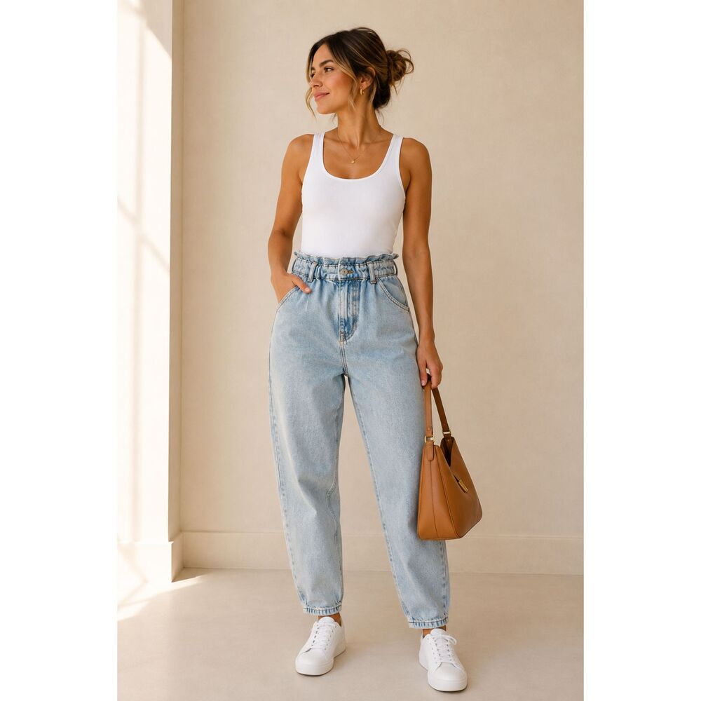 Zara Paperbag Waist Balloon Jeans Light Wash High Rise Denim Women's US 4